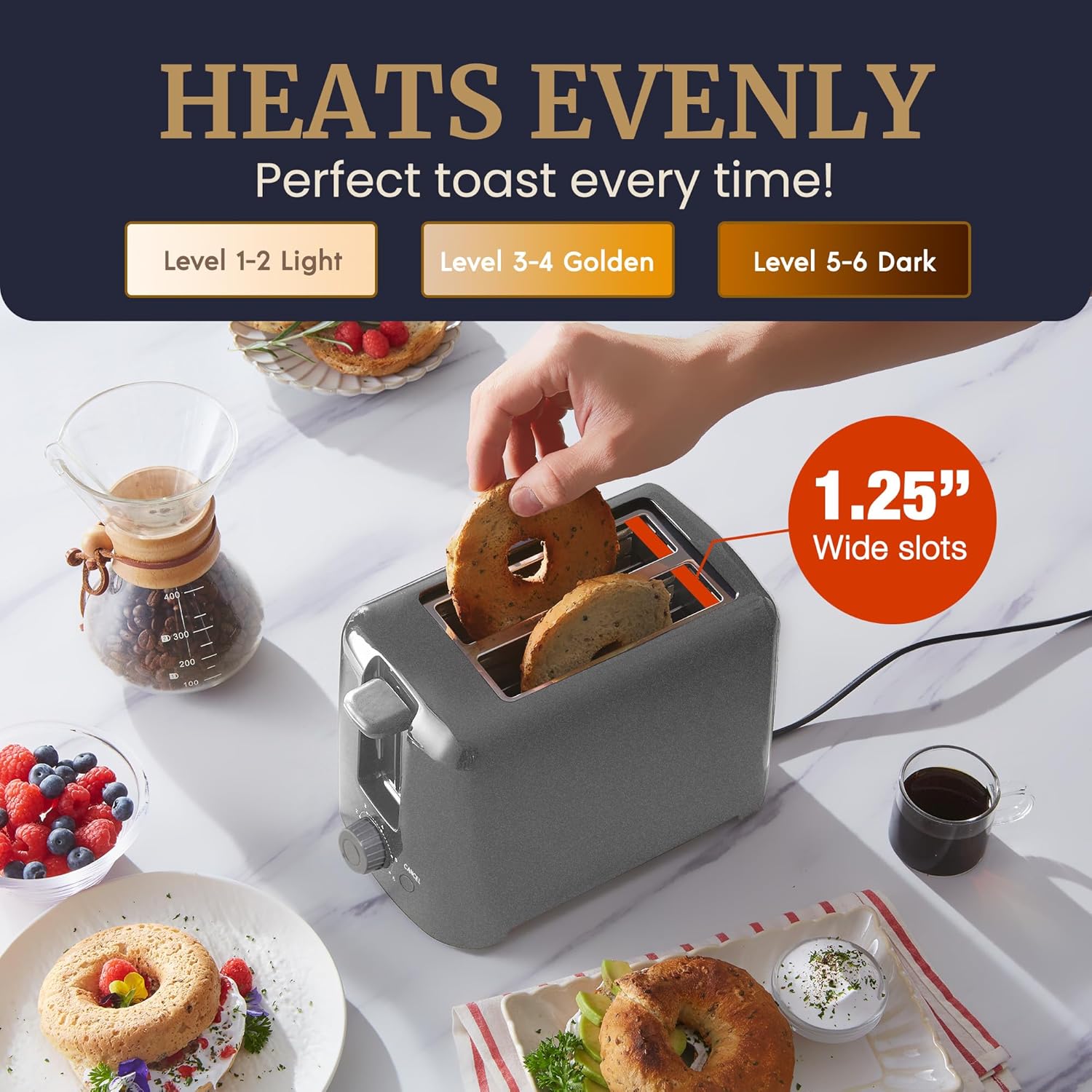 Elite Gourmet ECT1027G Cool-Touch 2 Slice Toaster, 6 Toast Settings & Cancel Function, Extra Wide 1.25” Slots Easily Fits Breads, English Muffins, Bagels & Waffles, Gunmetal Gray - Image 5
