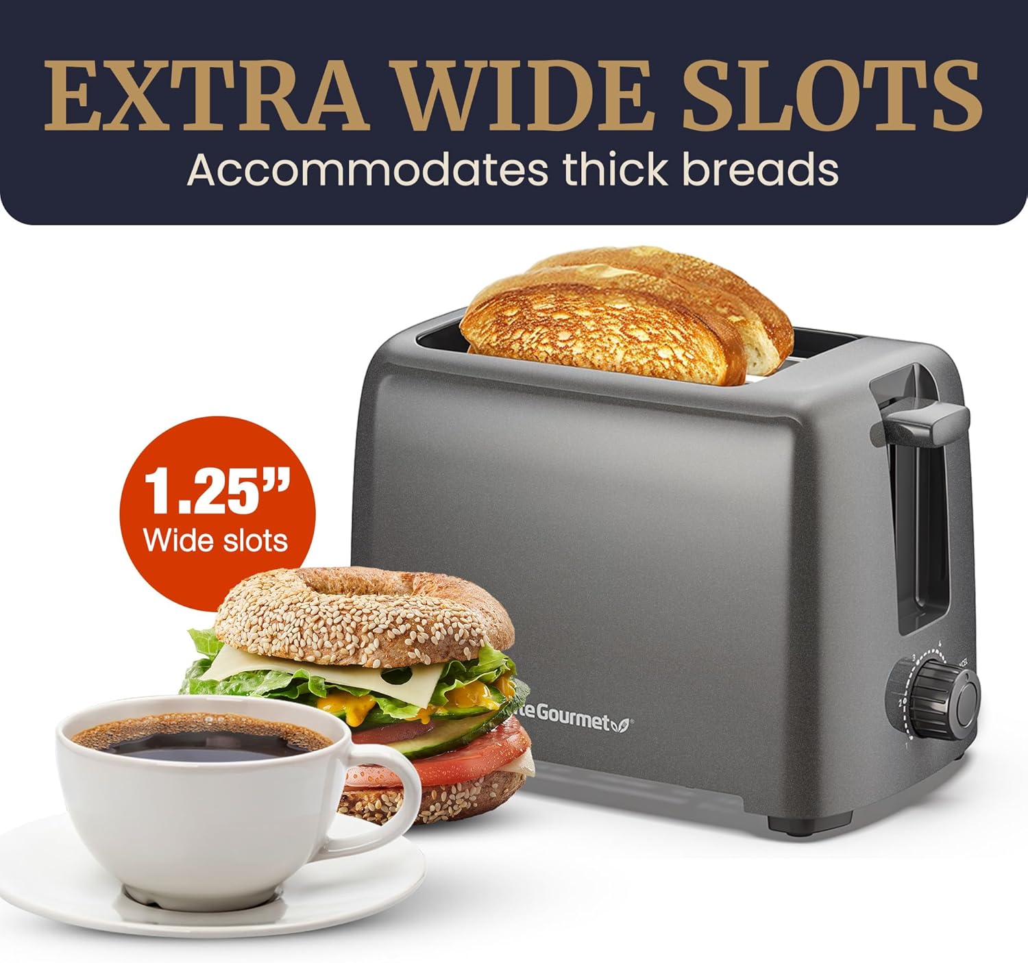 Elite Gourmet ECT1027G Cool-Touch 2 Slice Toaster, 6 Toast Settings & Cancel Function, Extra Wide 1.25” Slots Easily Fits Breads, English Muffins, Bagels & Waffles, Gunmetal Gray - Image 7