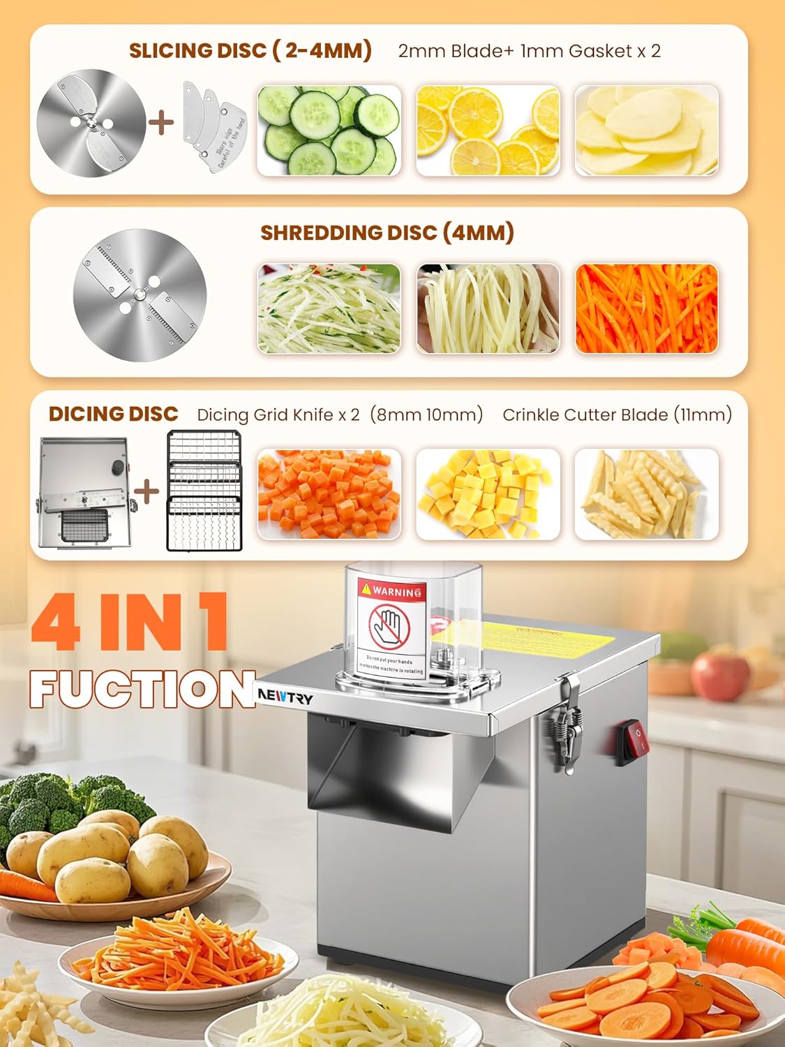 NEWTRY 200W Commercial 4 in 1 Vegetable Processor Electric Vegetable Fruit Dicer Automatic Slicer Shredder 330lb/h Stainless Steel Large Feed Chute for Whole Potato - Image 2
