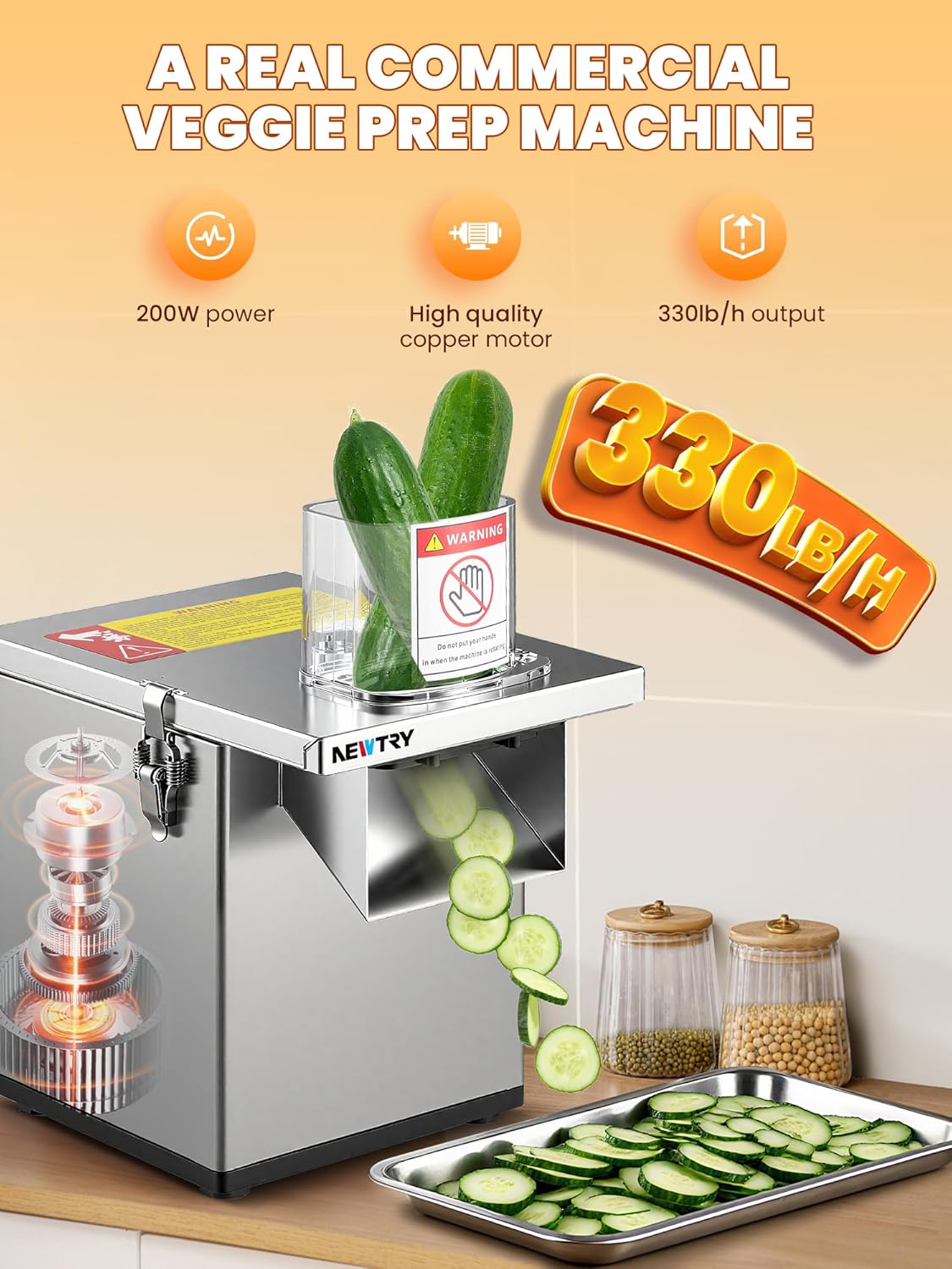 NEWTRY 200W Commercial 4 in 1 Vegetable Processor Electric Vegetable Fruit Dicer Automatic Slicer Shredder 330lb/h Stainless Steel Large Feed Chute for Whole Potato - Image 3