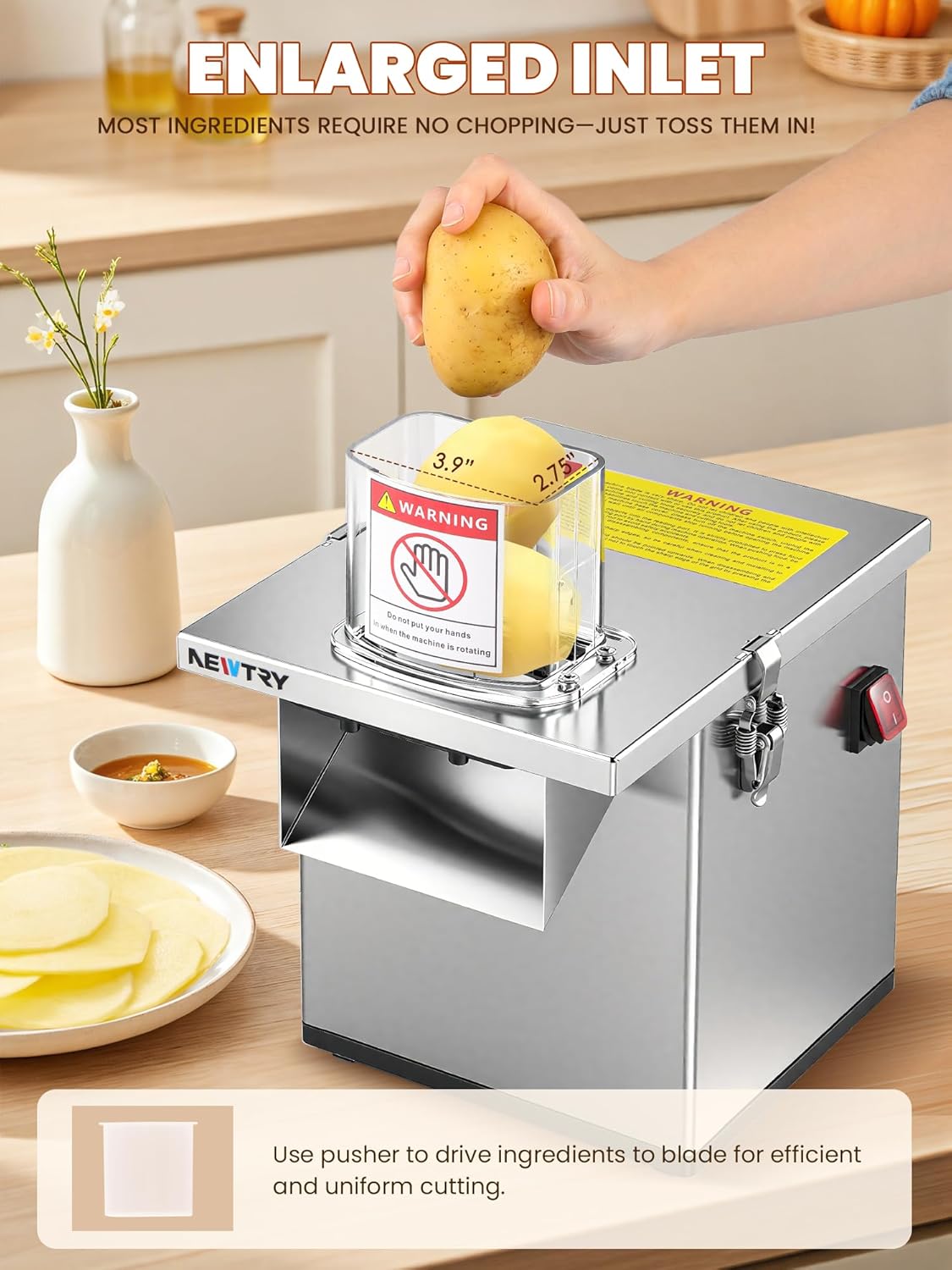 NEWTRY 200W Commercial 4 in 1 Vegetable Processor Electric Vegetable Fruit Dicer Automatic Slicer Shredder 330lb/h Stainless Steel Large Feed Chute for Whole Potato - Image 5