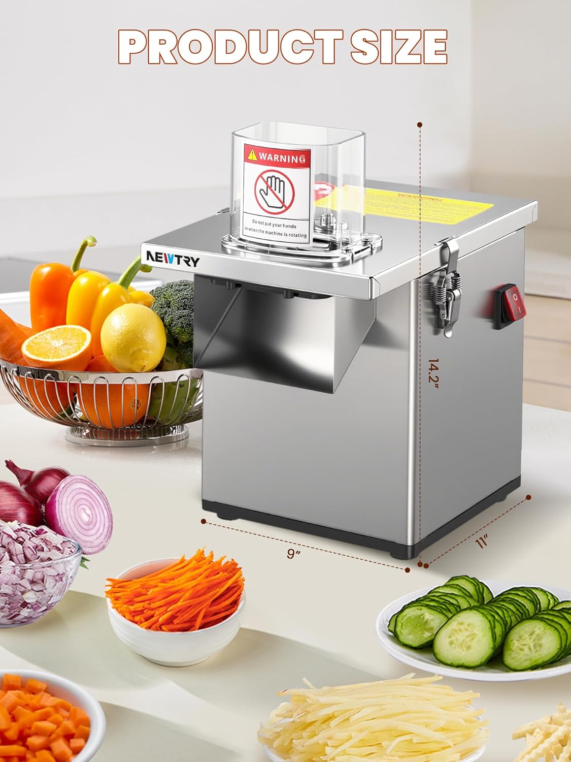 NEWTRY 200W Commercial 4 in 1 Vegetable Processor Electric Vegetable Fruit Dicer Automatic Slicer Shredder 330lb/h Stainless Steel Large Feed Chute for Whole Potato - Image 7