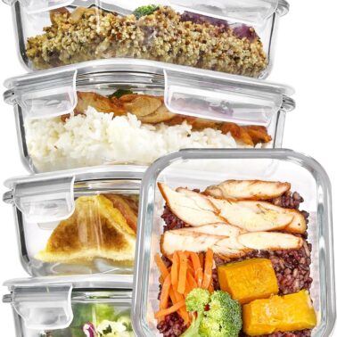 Vtopmart 5Pack 22oz Glass Storage Containers with Lids, Glass Meal Prep Food Container Sets with Snap Airtight Lid for Microwave, Oven, Freezer and Dishwasher, Grey