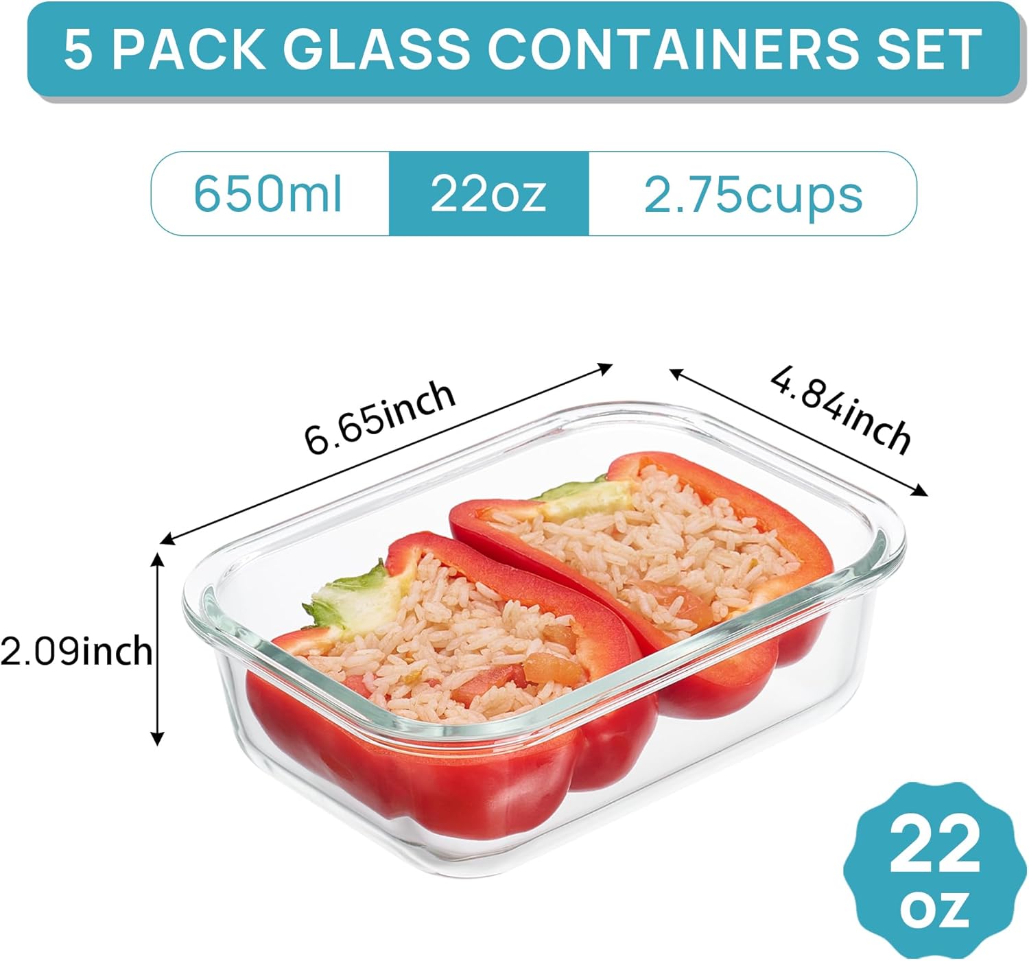 Vtopmart 5Pack 22oz Glass Storage Containers with Lids, Glass Meal Prep Food Container Sets with Snap Airtight Lid for Microwave, Oven, Freezer and Dishwasher, Grey - Image 2