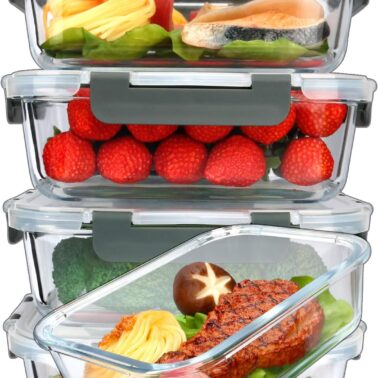 M MCIRCO [5-Packs, 36 Oz Glass Meal Prep Containers with Snap Locking Lids Glass Food Containers,Airtight Lunch Container,Microwave, Oven, Freezer and Dishwasher (4.5 Cup)