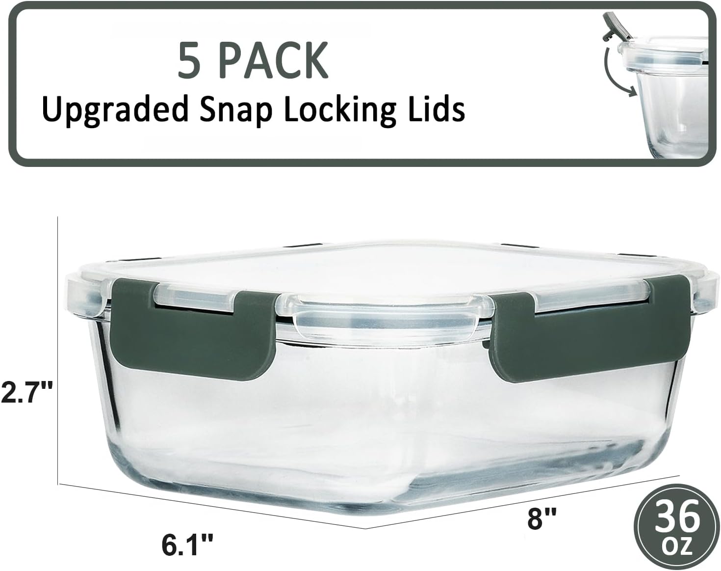 M MCIRCO [5-Packs, 36 Oz Glass Meal Prep Containers with Snap Locking Lids Glass Food Containers,Airtight Lunch Container,Microwave, Oven, Freezer and Dishwasher (4.5 Cup) - Image 2